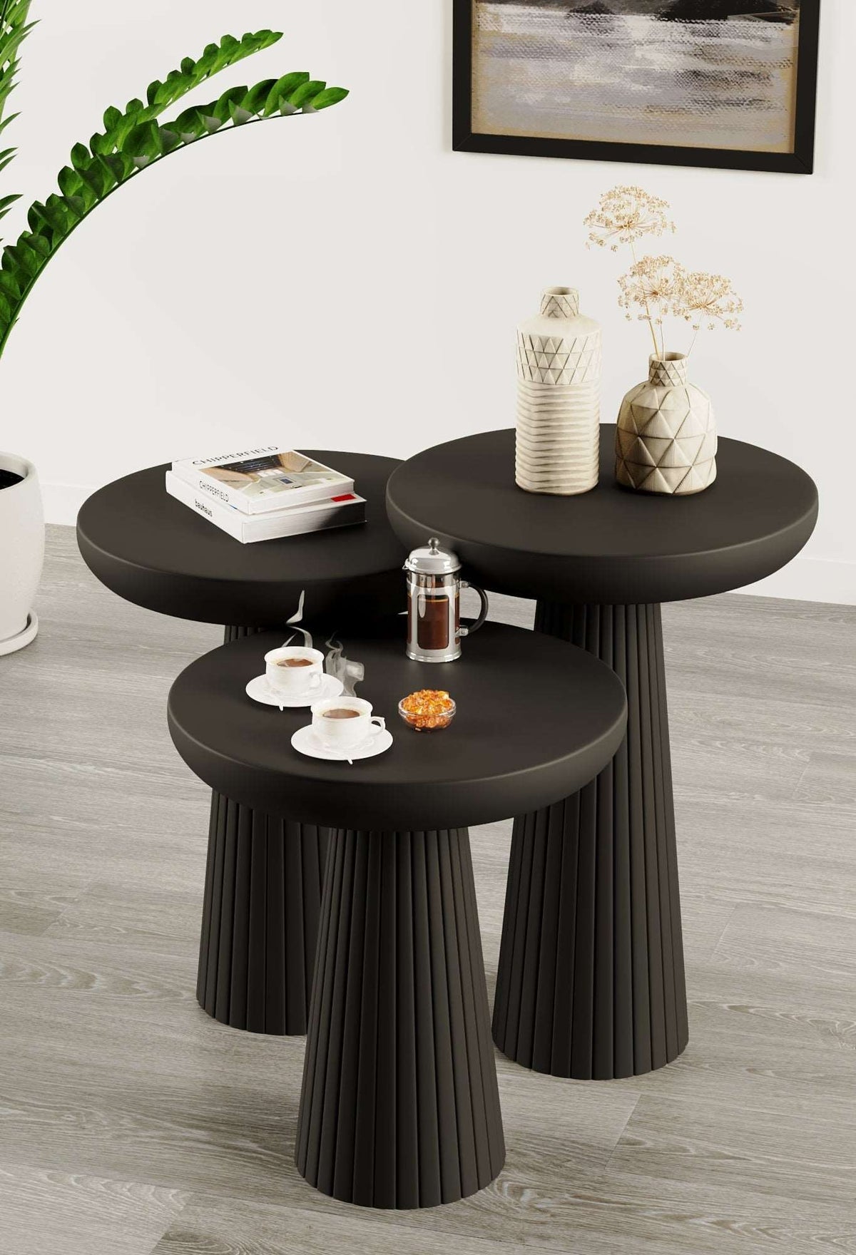 Ottawa Black Mushroom Round Nested & Side Table 3 Set (S-M-L)