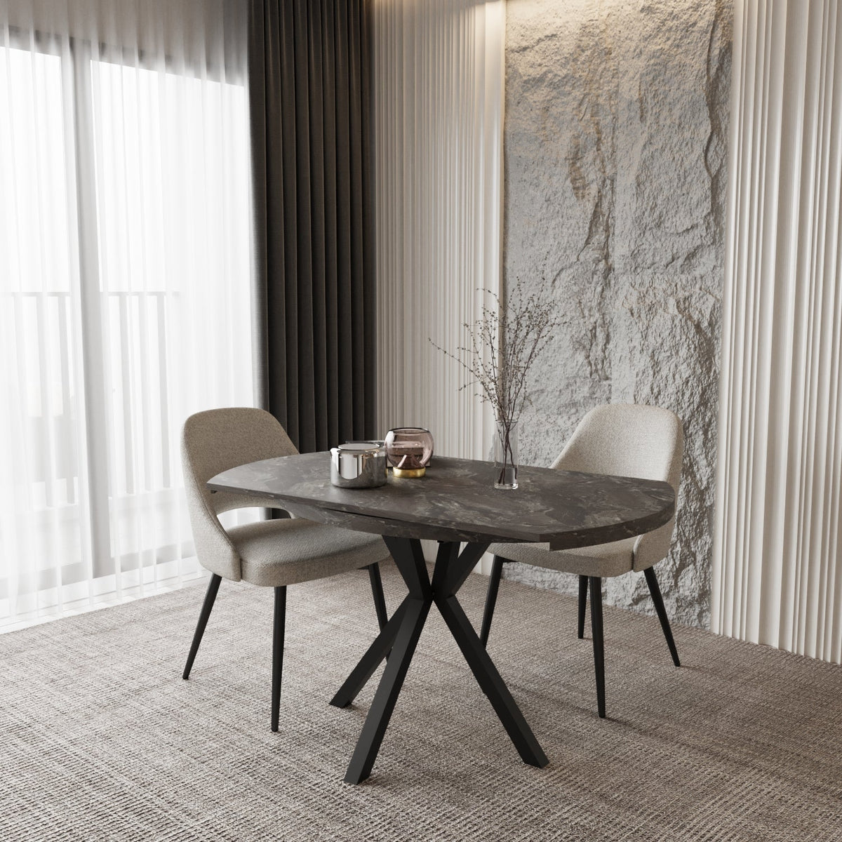 Pegasus Grey Marble Round to Rectangular Extendable Dining Table Up to 6 Seater Dining Table