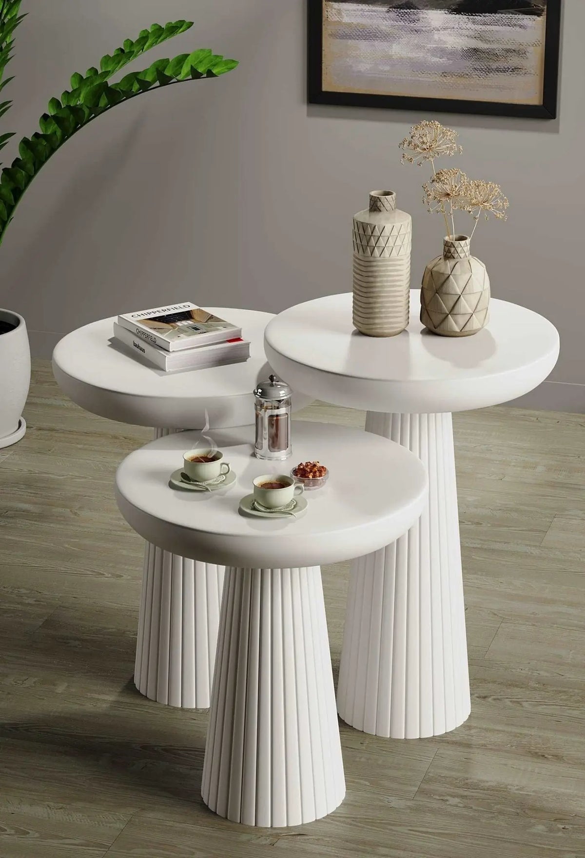 Ottawa White Mushroom Round Nested & Side Table  3 Set (S-M-L)  